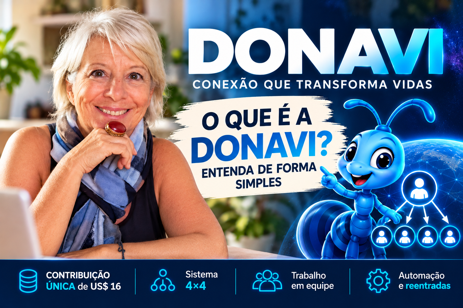 Imagem da DONAVI com Maria Antonia, a formiguinha azul e a representação do sistema 4×4, destacando a contribuição única de US$ 16, o trabalho em equipe e a automação.